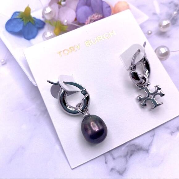 NWOT Tory Burch Silver Mix Match Gun Metal Pearl Hoop Earrings - Picture 6 of 8